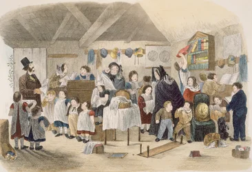 Besuch in der Dorfschule, Illustration aus Visitation of a London Exquisite to his Maiden Aunts in the Country, veröffentlicht von W. Kent, London, 1859